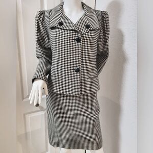 French Style Black and White Houndstooth Coat And Skirt